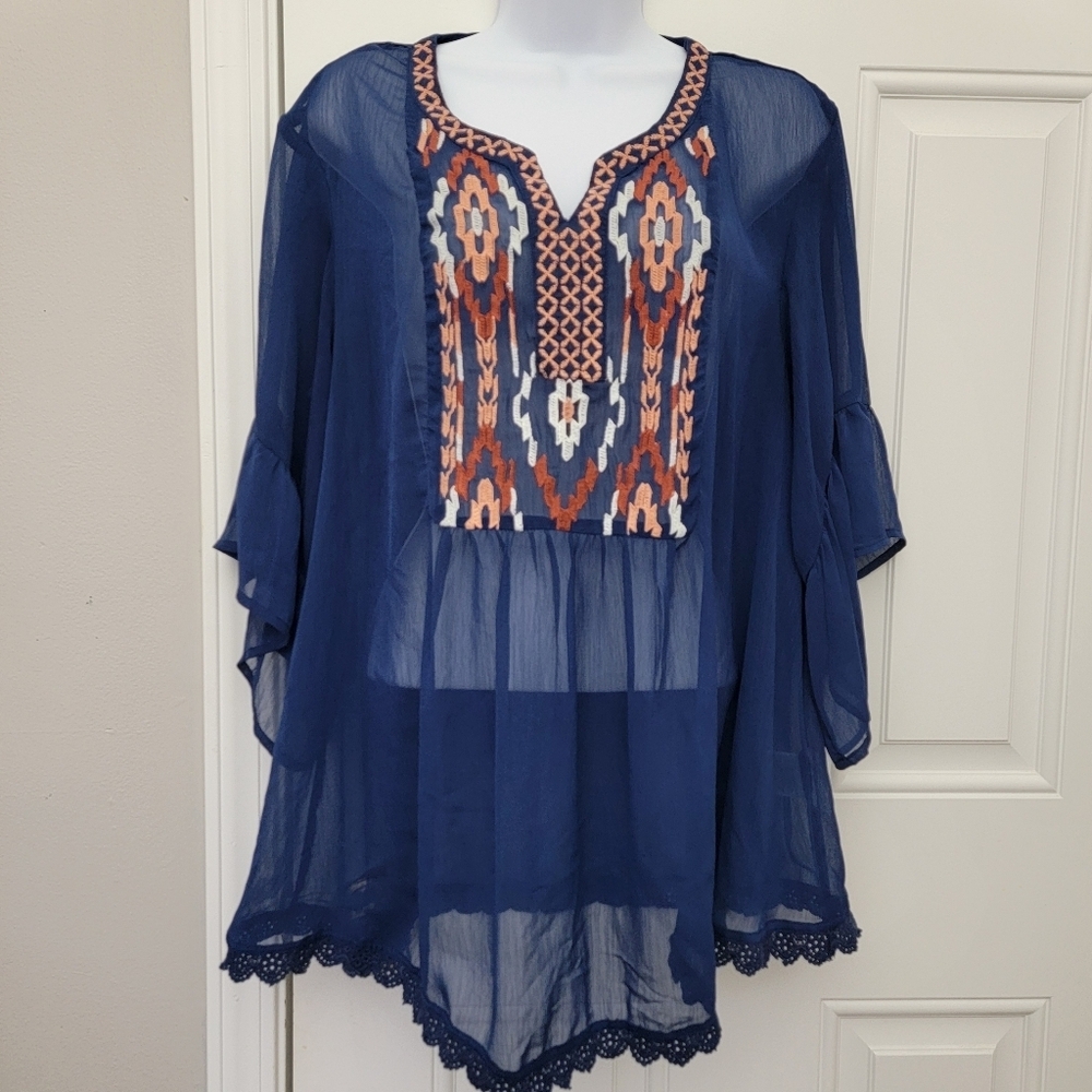 Style And Company Sheer Navy Blue Blouse Embroidered Yoke Crochet Trim Medium